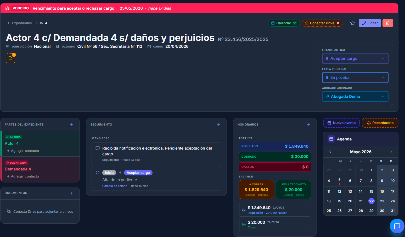 Detalle de expediente con calendario integrado